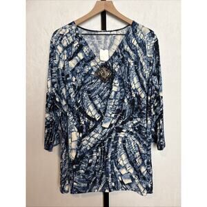 NEW Susan Graver Liquid Knit Blouse Size 2X Blue Abstract Embellished 3/4 Sleeve